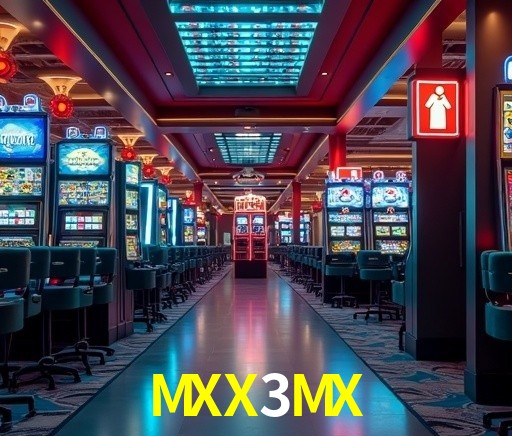 Escena dinámica inspirada en casino con iluminación MXX3MX, cartas, fichas e íconos de juegos digitales en un espacio moderno de juegos.