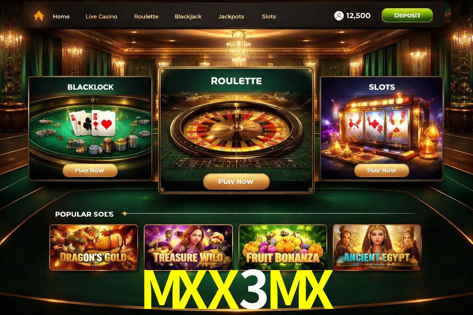 Vista de la plataforma MXX3MX Casino mostrando categorías organizadas de juegos en línea