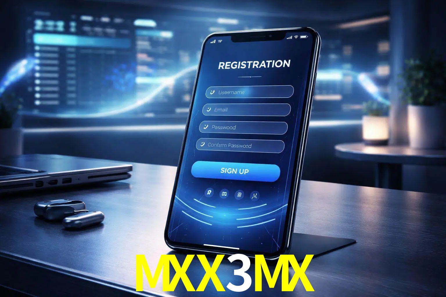 Una interfaz moderna de registro móvil para MXX3MX mostrada en un smartphone con un panel de apuestas elegante.